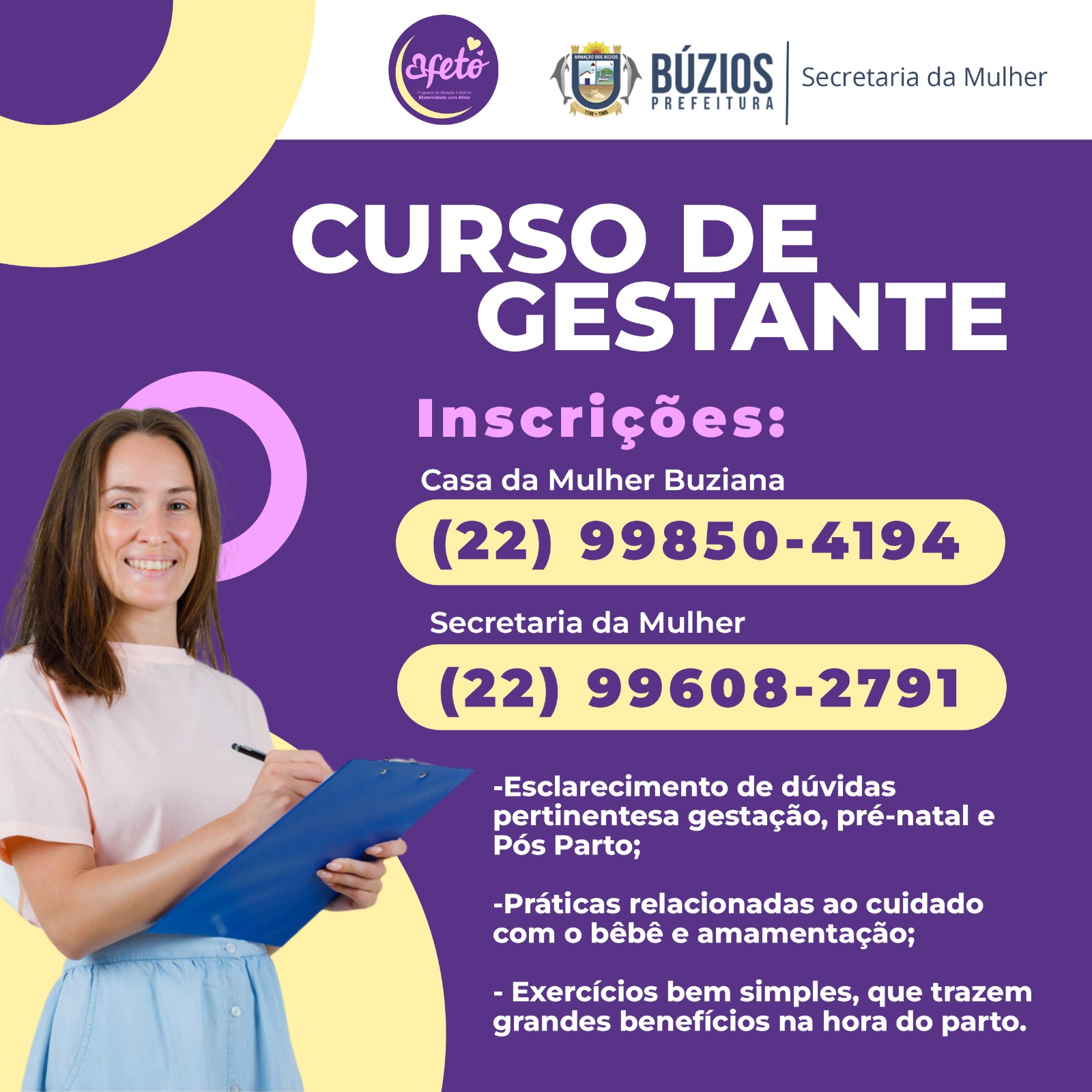 Secretaria da Mulher abre inscrição para Curso de Gestantes na Casa da Mulher Buziana