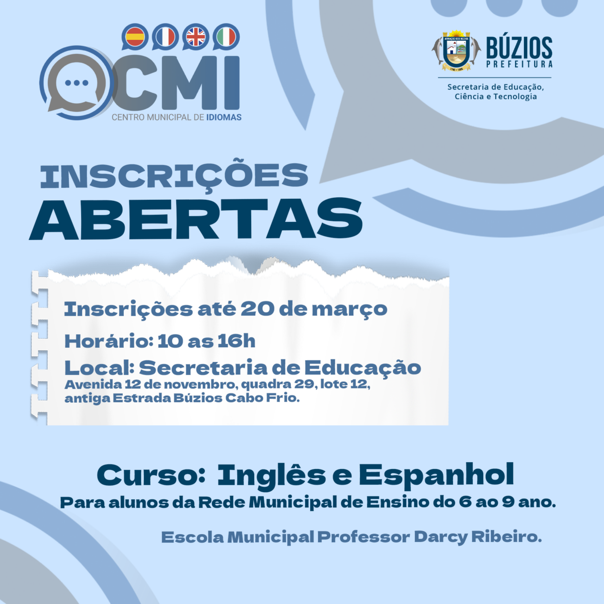 Inscrições para cursos de Inglês e Espanhol abrem nesta segunda-feira(11)